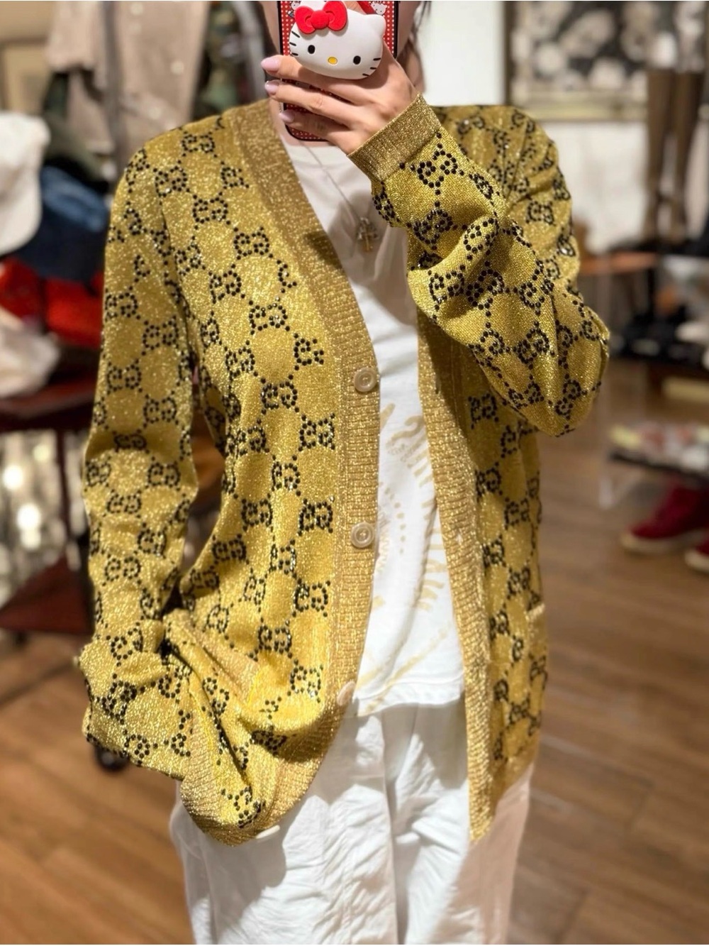 Gucci Yellow and Black GG Jacquard V-Neck Cardigan - Picture 5 of 7